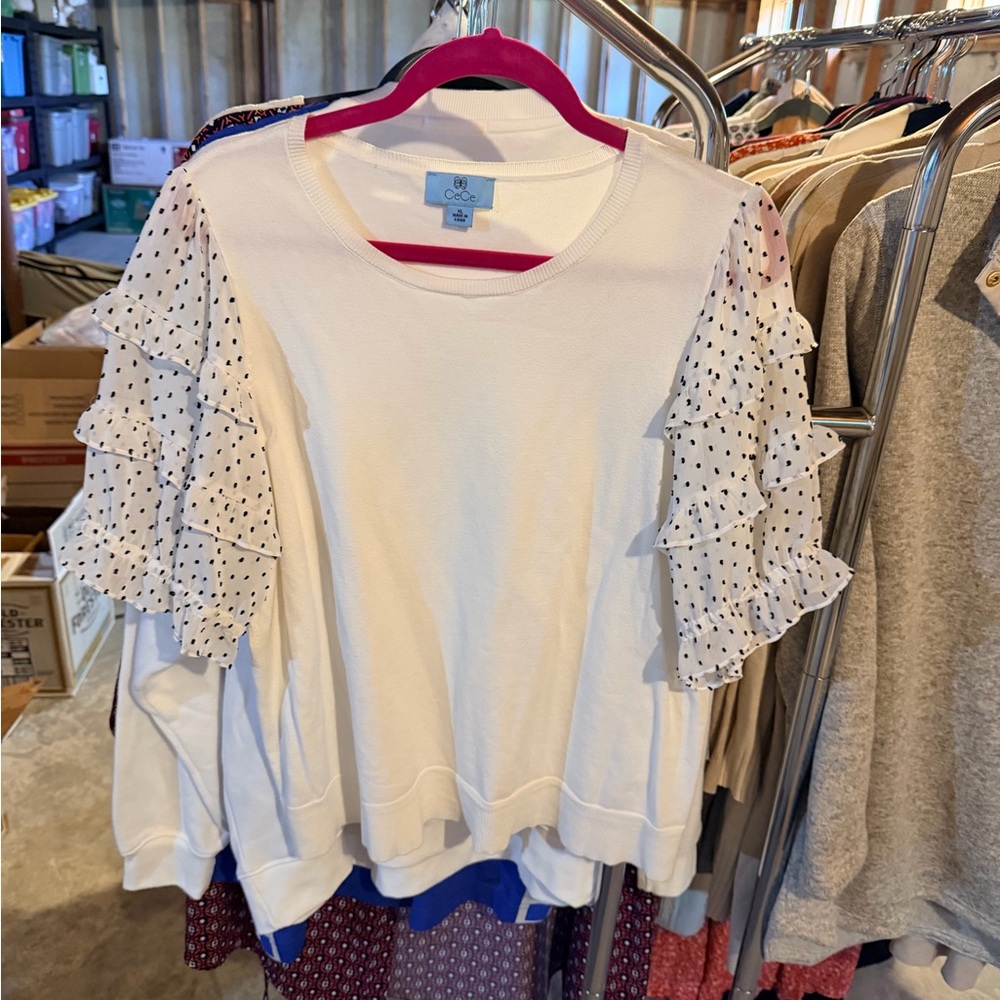 CeCe White Polka Dot Ruffle Sleeve Sweatshirt